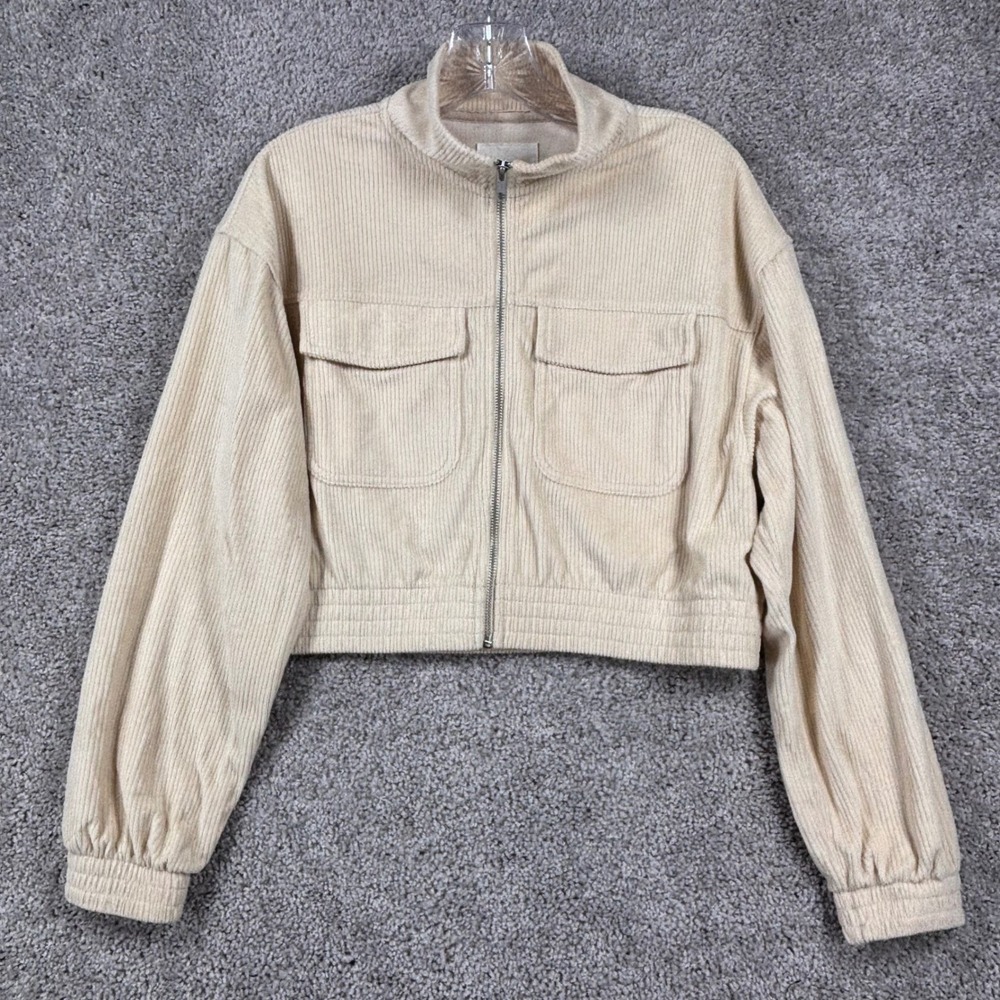 Aerie Womens Small Cream Corduroy Cropped Full Zip Jacket Mock Neck 25934852